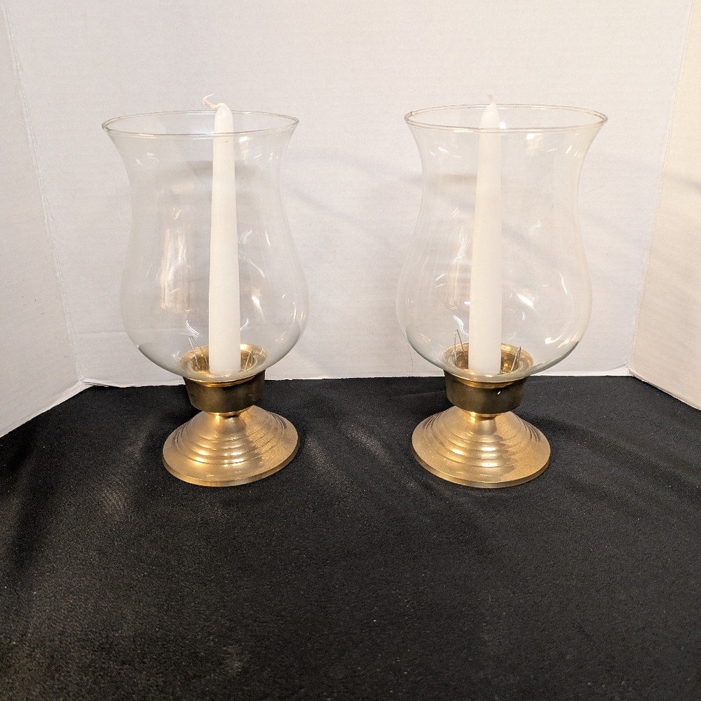 Brass Pedestal Hurricane Candle Holder Glass Shade Modern Farmhouse Home Set